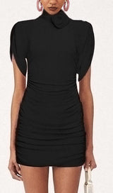 FLOWER-EMBELLISHED RUCHED MINI DRESS IN BLACK DRESS STYLE OF CB