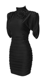 FLOWER-EMBELLISHED RUCHED MINI DRESS IN BLACK DRESS STYLE OF CB