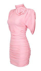 FLOWER-EMBELLISHED RUCHED MINI DRESS IN PINK DRESS STYLE OF CB