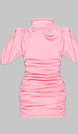 FLOWER-EMBELLISHED RUCHED MINI DRESS IN PINK DRESS STYLE OF CB
