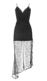FLOWER APPLIQUE LACE MIDI DRESS IN BLACK DRESS STYLE OF CB