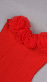 FLOWER EMBELLISHED CORSET MIDI DRESS IN WINE DRESS STYLE OF CB