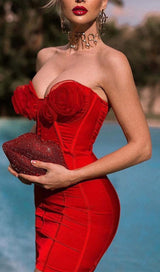 FLOWER EMBELLISHED CORSET MIDI DRESS IN WINE DRESS STYLE OF CB