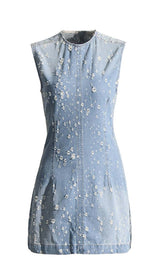 FRAYED DENIM MINI DRESS styleofcb