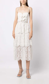 FRONT BOW TIERED MIDI DRESS IN WHITE DRESS STYLE OF CB