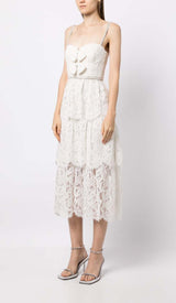 FRONT BOW TIERED MIDI DRESS IN WHITE DRESS STYLE OF CB