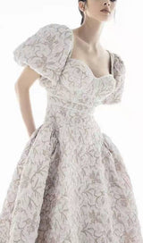 PUFF SLEEVE BUTTERFLY TIE MIDI DRESS IN IVORY styleofcb