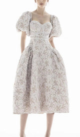 PUFF SLEEVE BUTTERFLY TIE MIDI DRESS IN IVORY styleofcb