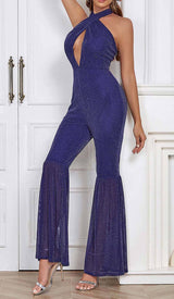 HALTER NECK BACKLESS FLARE LEG JUMPSUIT DRESS sis label