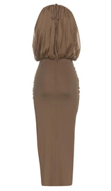 HALTER NECK SATIN DRESS IN BROWN DRESS sis label
