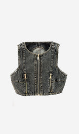 HIGH-WAISTED FADED DENIM TWO PIECES SET DRESS STYLE OF CB