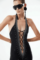 HALTER NECK CRYSTAL BACKLESS JUMPSUITS BODYSUITS & JUMPSUITS styleofcb