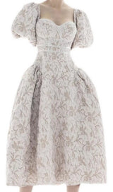 PUFF SLEEVE BUTTERFLY TIE MIDI DRESS IN IVORY styleofcb