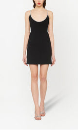 DIAMOND-TRIMMED SUSPENDER MINI DRESS IN BLACK styleofcb