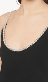 DIAMOND-TRIMMED SUSPENDER MINI DRESS IN BLACK styleofcb