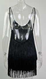 FRINGED SUSPENDER DRESS IN BLACK styleofcb