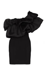 CROSS-SHOULDER PLEATED DRESS IN BLACK styleofcb