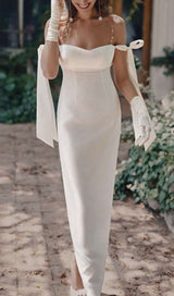 SATIN PEARL SUSPENDER MAXI DRESS IN WHITE styleofcb
