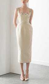 FLOWER EMBROIDERED LINEN SUSPENDER DRESS IN APRICOT styleofcb