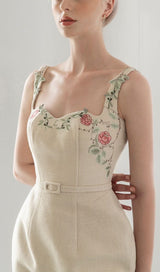 FLOWER EMBROIDERED LINEN SUSPENDER DRESS IN APRICOT styleofcb