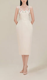 FLOWER EMBROIDERED LINEN SUSPENDER DRESS IN APRICOT styleofcb