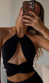 VEST WITH METAL CHAIN HANGING NECK TOP IN BLACK styleofcb