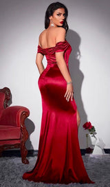 OFF SHOULDER SATIN HIGH SLIT FLOOR LENGTH DRESS IN RED styleofcb