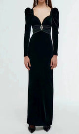 SHEEP LEG SLEEVE VELVET SLIM MAXI DRESS IN BLACK styleofcb
