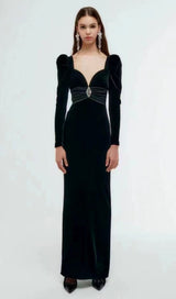 SHEEP LEG SLEEVE VELVET SLIM MAXI DRESS IN BLACK styleofcb