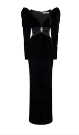 SHEEP LEG SLEEVE VELVET SLIM MAXI DRESS IN BLACK styleofcb