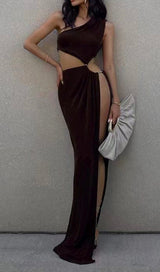SLEEVELESS HOLLOW SLIT MAXI DRESS IN BROWN styleofcb