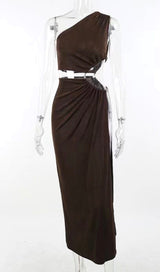 SLEEVELESS HOLLOW SLIT MAXI DRESS IN BROWN styleofcb