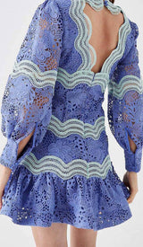 LACE SLEEVE TRIM DETAIL MINI DRESS IN BLUE DRESS styleofcb