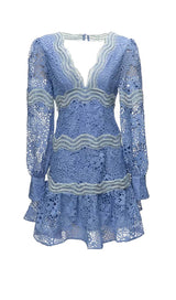 LACE SLEEVE TRIM DETAIL MINI DRESS IN BLUE DRESS styleofcb