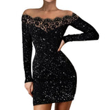 LACE STITCHING GLITTER MINI DRESS IN BLACK DRESS sis label