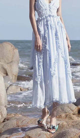 LACE-UP BACKLESS MIDI DRESS IN BLUE DRESS STYLE OF CB