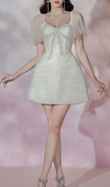 LACE SLEEVE BOW MINI DRESS IN WHITE DRESS STYLE OF CB