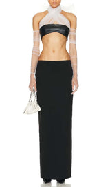 LEATHER BANDEAU CROSSOVER TULLE TWO PIECE IN BLACK DRESS styleofcbdress