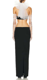LEATHER BANDEAU CROSSOVER TULLE TWO PIECE IN BLACK DRESS styleofcbdress