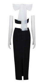 LEATHER BANDEAU CROSSOVER TULLE TWO PIECE IN BLACK DRESS styleofcbdress