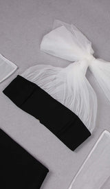 LEATHER BANDEAU CROSSOVER TULLE TWO PIECE IN BLACK DRESS styleofcbdress