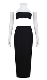 LEATHER BANDEAU CROSSOVER TULLE TWO PIECE IN BLACK DRESS styleofcbdress