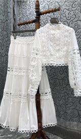 LONG PUFF SLEEVES FLARED TIERED MIDI DRESS IN WHITE DRESS STYLE OF CB