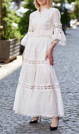 LONG PUFF SLEEVES FLARED TIERED MIDI DRESS IN WHITE DRESS STYLE OF CB
