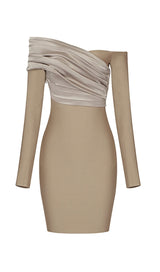 LONG SLEEVE FOLDS BANDAGE MINI DRESS IN KHAKI Dresses styleofcb