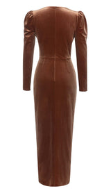 LONG SLEEVE VELVET MIDI DRESS IN BROWN DRESS STYLE OF CB