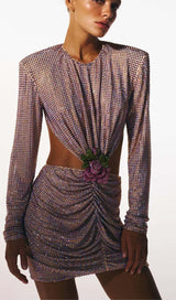 LONG-SLEEVE CREW NECK GLITTER MINI DRESS IN MAHOGANY WOOD styleofcb