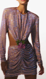 LONG-SLEEVE CREW NECK GLITTER MINI DRESS IN MAHOGANY WOOD styleofcb