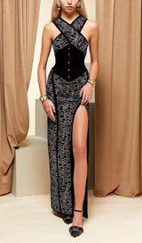 LEOPARD PRINT CRISS CROSS TIGHT BELT SPLIT LONG BANDAGE DRESS Bandage Dresses styleofcb