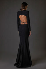 LONG SLEEVE CUT OUT BACKLESS MERMAID MAXI DRESS IN BLACK styleofcb
